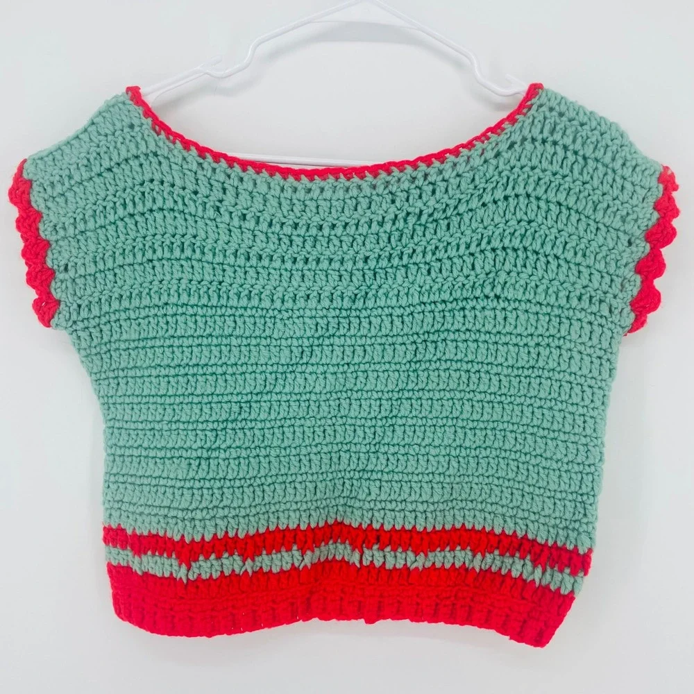 Handmade‎ Crochet Crop Top Mint Green Red Boho Festival Sleeveless Boat Neck